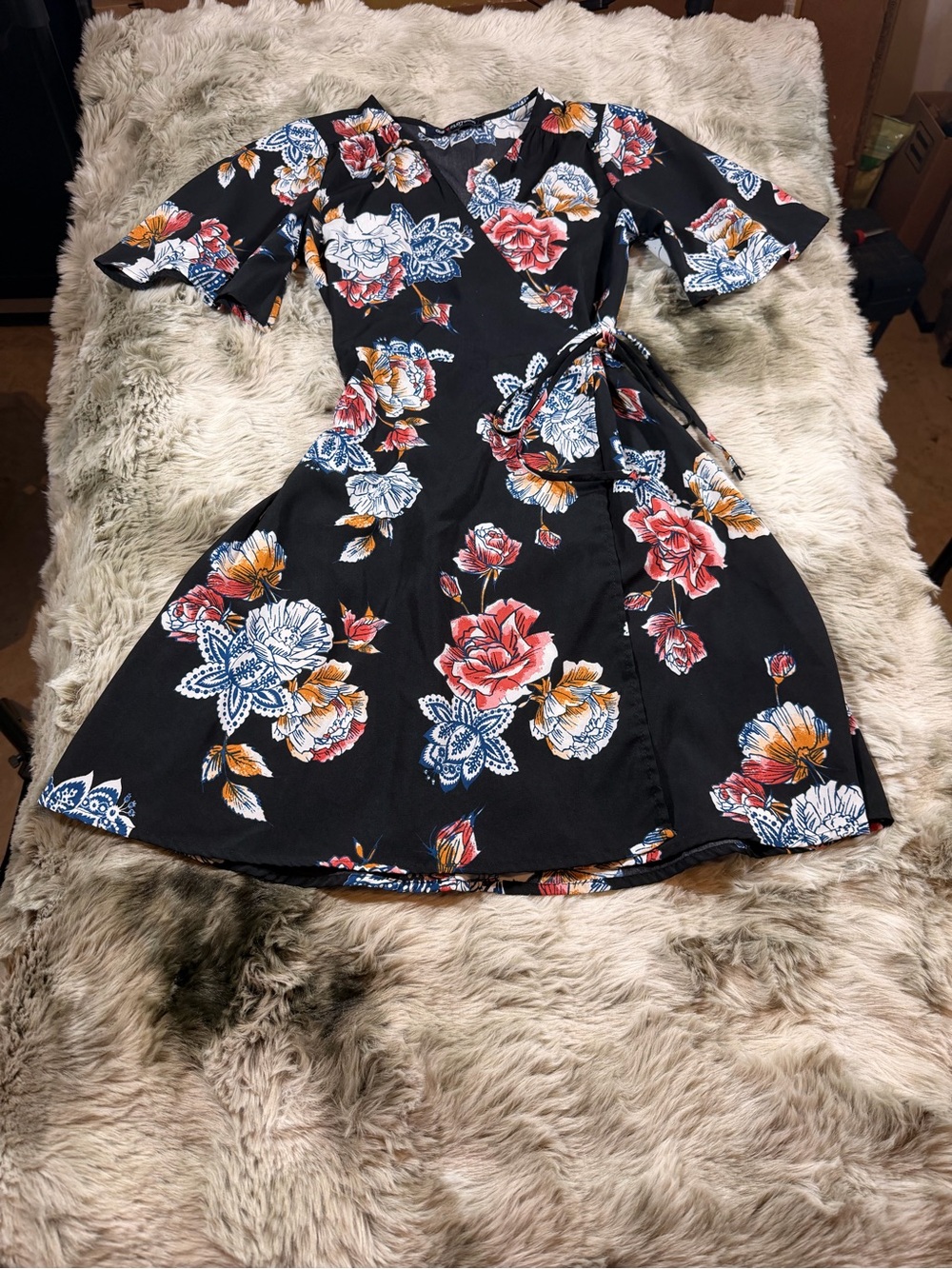 Black Floral Wrap Midi Dress with Pink and Blue Blooms
